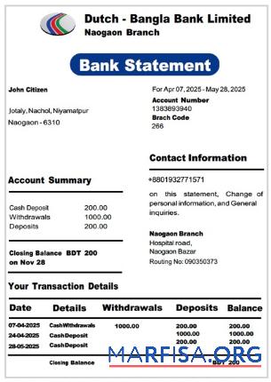 Blank Bangladesh Dutch Bangla bank Limited bank statement word example